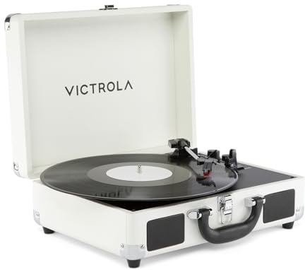 Victrola Journey II - Bluetooth Suitcase Record Player - White | Built-in stereo speakers, 3-speed turntable plays 7, 10 and 12 records, Bluetooth in and out, headphone jack