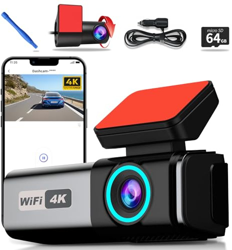 Dashcam Auto Vorne Hinten, 4K+1080P Dual Dash Cam WiFi Autokamera, Mini Auto Kamera mit 64GB SD Karte g, Super Nachtsicht, WDR, 170° Weitwinkel, G-Sensor, APP Steuerung, Loop-Aufnahme