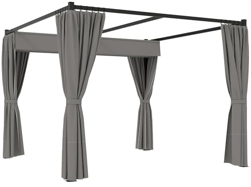 Outsunny Gazebo Pergola 3x3 m con Pareti Laterali e Tetto Retrattile, Gazebo da Esterno in Metallo e Poliestere 180g/㎡, Per Giardino, Terrazzo e Attività Commerciale, Grigio Chiaro