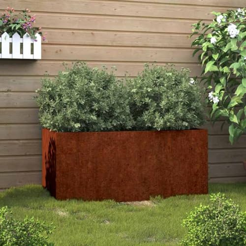 Modernes Hochbeet aus wetterfestem Stahl, Pflegeleichter Pflanzkübel mit Rostpatina, Wetterfester Pflanzkübel aus Cortenstahl und Rostfarbener Blumenkübel aus Cortenstahl