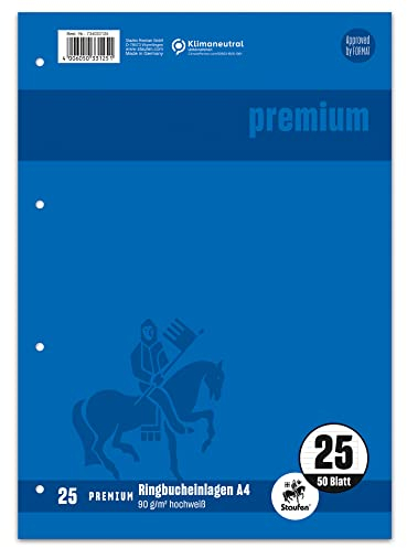 Staufen Premium Ringbucheinlagen - DIN A4, Lineatur 25 (9mm liniert mit Rand), 50 Blatt, 4-fach Lochung, 90g/m² Premium Papier, 1 Stück