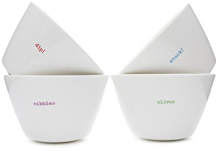 Keith Brymer Jones - Word Range - Ceramic Snack Bowl Set of 4 - Gift Boxed - Olives, Snack!, Nibbles, dip! - 200ml