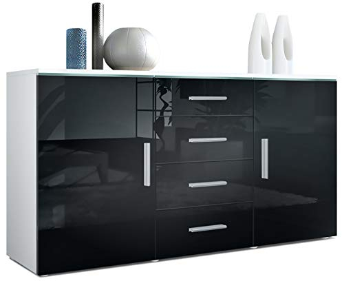 Vladon Buffet Dressoir Faro, Corps en Blanc Mat/Façades en Noir Haute Brillance (139 x 72 x 35)