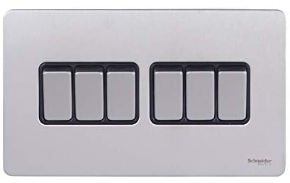 Schneider Electric GU1462BSS Ultimate Screwless Flat Plate, Stainless Steel with Black Insert, 6 Gang Rocker, 2 Way Light Switch, Single Pole, 16 AX