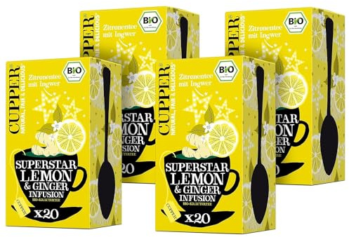 CUPPER Bio Kräutertee Superstar Lemon & Ginger, 20 ungebleichte Teebeutel, umweltfreundlich, fair gehandelt, 4er Pack