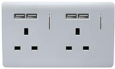 Trendi 2 Gang Artistic Modern Glossy Screwless Raised 13 Amp 240v Short 4 USB Type A Charging Points Double Chrome Switched Electrical Wall Plug Socket Platinum Silver - ART-SKT213USBSI