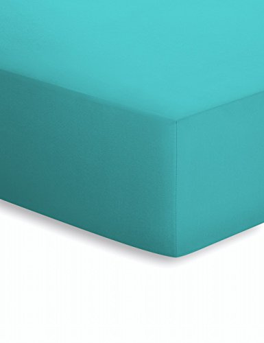 schlafgut 50151-00002000-028-558 Jersey-Elasthan Spannbetttuch, Baumwoll-Mischgewebe, Tuerkis, 220 x 200 x 1 cm