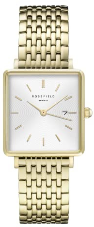Rosefield Damenuhr The Boxy Gold Eckiges Gehäuse - Weißes Zifferblatt & Edelstahl Goldenes Band QWSG-Q09