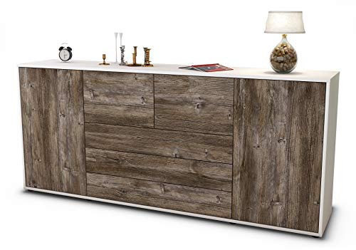 Stil.Zeit Sideboard Eliana, Korpus Weiss matt, Front Holz-Design Treibholz (180x79x35cm) Push-to-Open Technik & Leichtlaufschienen