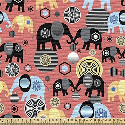 ABAKUHAUS Elefant Stoff als Meterware, Ethnische Moderne Kunst, Qualitäts Stoff Dekorativer Polster Heimtextilienstoff, 2M (148x200cm),Korallenrot