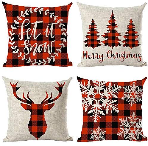 ramirar 4 Stück Merry Christmas Weinrot Kariert Hirsch Bäume Let It Snow Schneeflocken Winter Dekorative Wurfkissenbezug Fall Kissen Home Wohnzimmer Bett Sofa Auto Baumwolle Leinen Quadratisch 45,7 x