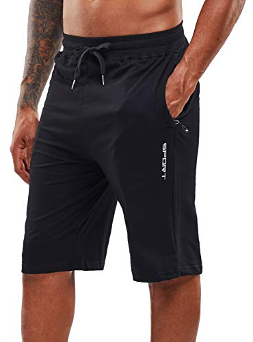 YAWHO Herren Workout Laufshorts Sport Fitness Gym Training Quick Dry Athletic Performance Shorts mit Reißverschlusstaschen, 1908 Schwarz, Groß