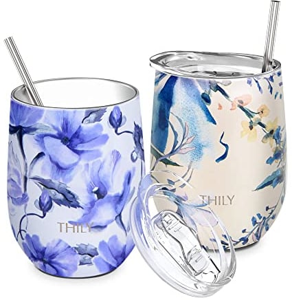 THILY Weinglas aus Edelstahl, isoliert, ohne Stiel, mit Schiebedeckel und Strohhalm, hält Kaffee oder Cocktails kalt, süße Geschenke für Frauen, 2 Stück (Iridaceae+Orchidee)
