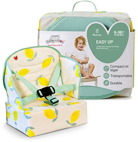 BabyToLove | Faltbare Sitzerhöhung für unterwegs mit weichem Kissen und sicherem Geschirr für Mahlzeiten im Freien oder zu Hause | Happy Lemon