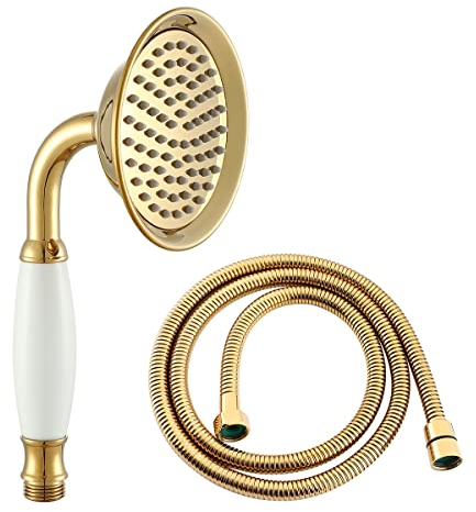 Ownace Soffione doccia vittoriano in titanio dorato, dimensioni più grandi, 10,7 cm, soffione doccia tradizionale in ottone e ceramica, set doccia a mano e tubo da 150 cm per bagno