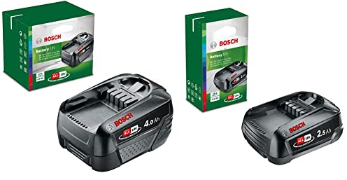 Bosch Home and Garden Battery Pack PBA 18V (battery 4.0 Ah W-C, 18 Volt System, in carton packaging) & Home and Garden Battery Pack PBA 18V (battery 2.5 Ah W-B, 18 Volt System, in carton packaging)