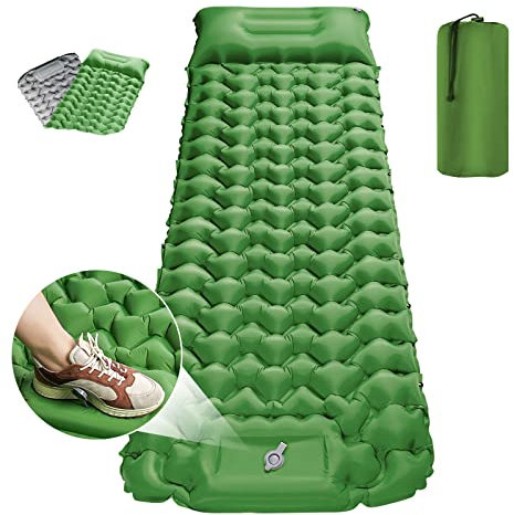 SOPPY 10cm Extra Thick Self-Inflating Camping Mat - Ultralight Waterproof Sleeping Pad with Foot-Activated Pump for Hiking Backpacking, Compact Air Mattress for Outdoor Adventures - Olive Green