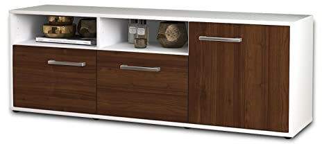 Lqliving TV-Board Lowboard Anina, Korpus in weiß matt, Front im Holz-Design Walnuss (136x49x35cm), mit Metall Griffen, Made in Germany