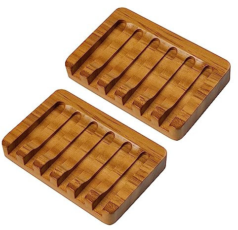 SAMEBUTECO Lot de 2 porte-savon en bois de teck auto-drainant, drain en cascade, économiseur de savon pour salle de bain, douche et savon de bar avec coffret cadeau