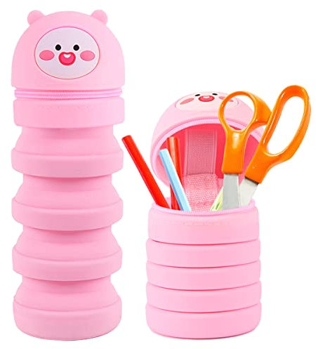 Darryy Telescopic Pencil Case, Cartoon Pencil Holder, Cute Pencil Holder for Children, Storage Stationery, Small Cosmetic Bag Children, pink, Additional pocket