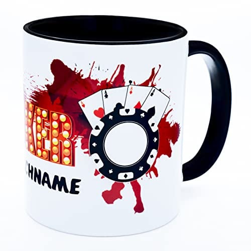 Poker Tasse Becher mit Namen personalisiert und Pokerchips & Pokerkarten Motiv Pokerspieler Geschenk Zubehör Accessoires Equipment Gadget Casino Merch Mann Deko Kaffeetasse Kaffeebecher Keramik 330 ml
