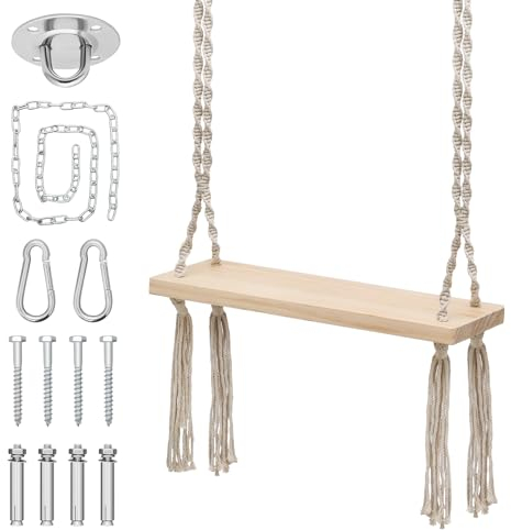 MoNiBloom Holzschaukel mit Quasten, Outdoor-Schaukelsitz für Erwachsene mit 159 kg Kapazität, Hinterhof, verstellbare Seilschaukel für Baum, Indoor/Outdoor hängende Holzschaukel-Sets für Terrasse,
