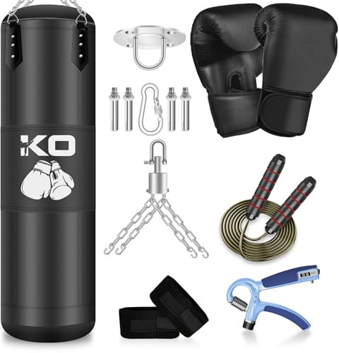 Vobab Saco de Boxeo Pesado de 4 pies para Adultos, 8 en 1, sin Relleno, Saco de Boxeo Pesado 2023 con Guantes de 12 onzas, Gancho de Techo para MMA, Kickboxing, Karate, Muay Thai, Taekwondo