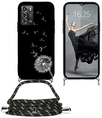 EuoDuo Kompatibel mit ZTE Blade A72 4G / Blade V40 Vita Hülle mit Band Handyhülle Handy Kette Schwarz Silikon Muster Motiv Schutzhülle Kordel zum Umhängen Necklace Halskette Cover - Löwenzahn