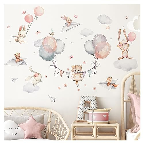 DEKO KINDERZIMMER Wandsticker Katze Luftballons Wandtattoo rosa Babyzimmer Wandaufkleber Hase Kinderzimmer selbstklebend Wanddeko DK1139-05