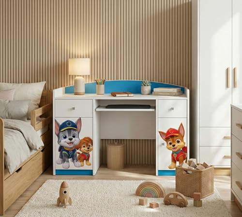 Happy Babies Schreibtisch für Kinderzimmer Computertisch mit Tastaturablage125x89x60 Bürotisch weiß Blau 5 Schubladen Motive Zwei Hunde