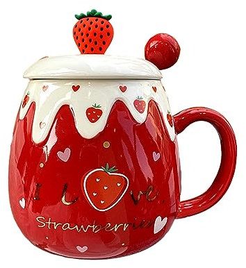 Cute Fruit Office Ceramic Mug Girl Heart Spoon with Lid Student Cup for office home restaurant cafe teahouse lounge bar-Red Strawberry+Red Ball Spoon