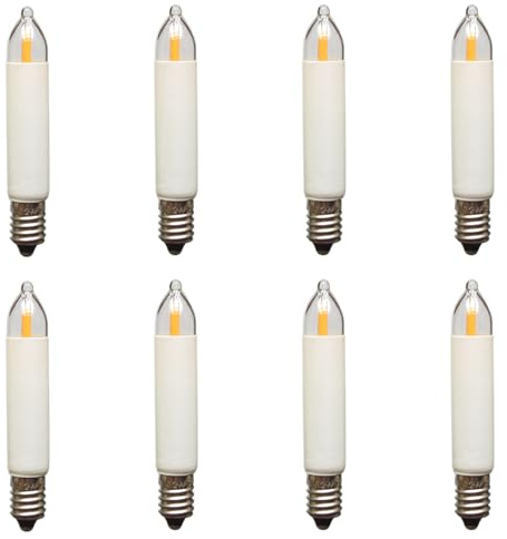 Erzgebirgslicht - AUSWAHL - 8 Stück LED Filament Kleinschaftkerze 34V 0,2W E10 für 7 Brennstellen Ersatzbirne Glühbirne Minischaftkerze Glühlämpchen für Lichterketten Pyramide und Schwibbogen