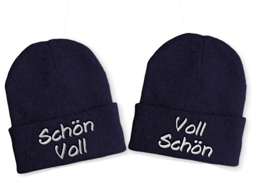 tshirtladen Partnermütze Schön Voll & Voll Schön - Lustige Duo Beanie Mütze mit Spruch, 2 Stück bestickt, Winteraccessoire für Paare, Farbe: Navy