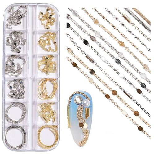 NICENEEDED 12 Strips Metal Nail Art Chains, Nail Jewelry Chains with Box, Alloy Nail Chains Punk Nail Charms Nail Ornaments Nail Jewels Nail Art Studs for Manicure Decoration