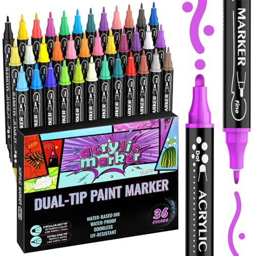 Feutre Acrylique Double Pointe, 36 Pcs Acrylic Paint Marker Pointe Ronde et Fine, Marqueurs Acryliques 36 Couleurs Stylo Peinture, pour Peinture des Rochers, Céramique Tissu Papier Verre Plastique