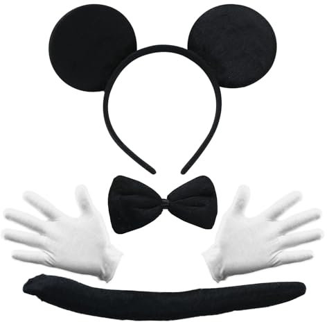 SSKHE Bandeau de costume de souris avec oreilles de souris, queue, cravate et gants pour accessoires de fête sur le thème du carnaval, cadeaux d'anniversaire et de fête costumée