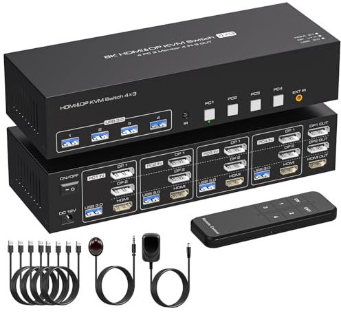 VPFET 4K144Hz 2 Displayport HDMI KVM Switch 4 PC 3 Monitore 8K60Hz 4 Port KVM Switches DP 1.4 HDMI 2.1 für 4 Computers Teilen 3 Monitore und 4 USB 3.0 Geräte mit 4 USB Cable
