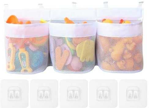 Bath Toy Storage, Bathroom Toy Storage Bath Toy Tidy Oxford Cloth Bath Toy Storage Organiser with 3 Compartment Horizontal Large Openings Bath Toy Organizer with 5 Strong Self Adhesive Hooks