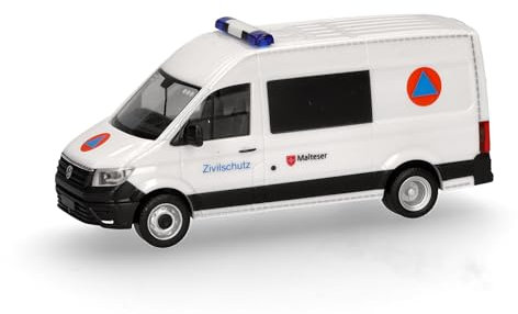 Herpa Modellauto Volkswagen (VW) CrafterHalbbus Hochdach Malteser/Zivilschutz, Miniatur im Maßstab 1:87, Sammlerstück, Made in Germany, Modell aus Kunststoff