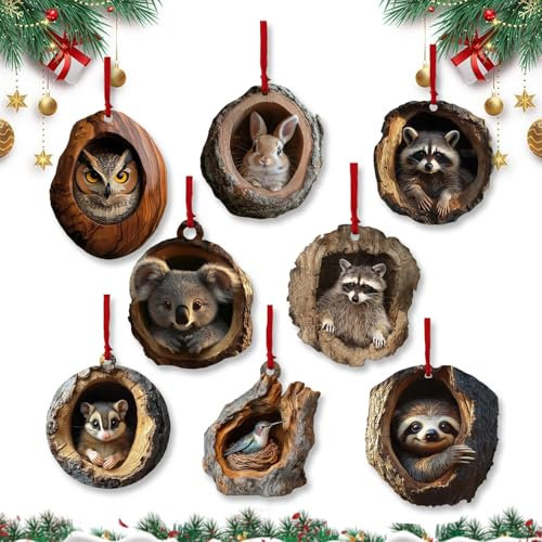 Xiujuers 8 Piezas Adornos Arbol Navidad, 2D Adornos Navideños con Animales, Decoración Navideña de Animales Acrílicos, Adornos Navideños de Animales, Adornos de Navidad de Animales