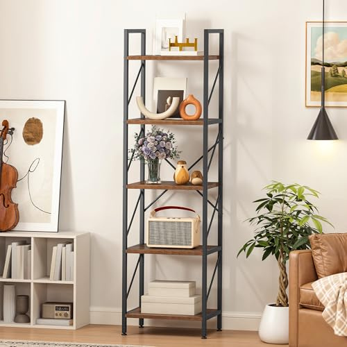 YITAHOME Bücherregal, 5-stöckiges Industrielles Standregal, Holzregale und Metallrahmen, Ausstellungsregal, Lagerregal für Wohnzimmer, Home-Office, Küche, Schlafzimmer, Vintagebraun Regal