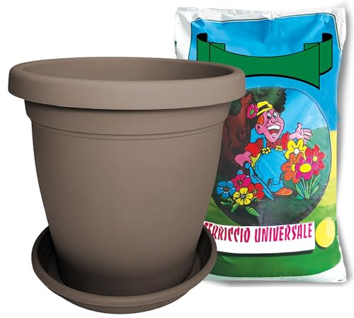 Sicignano | Vaso Verona Rotondo con Sottovaso e Terriccio 2x20lt, Plastica Riciclabile, Fori di Drenaggio, Moderno Classico, Interni Esterni, per Piante Fiori Giardino (Avana, 50 cm)