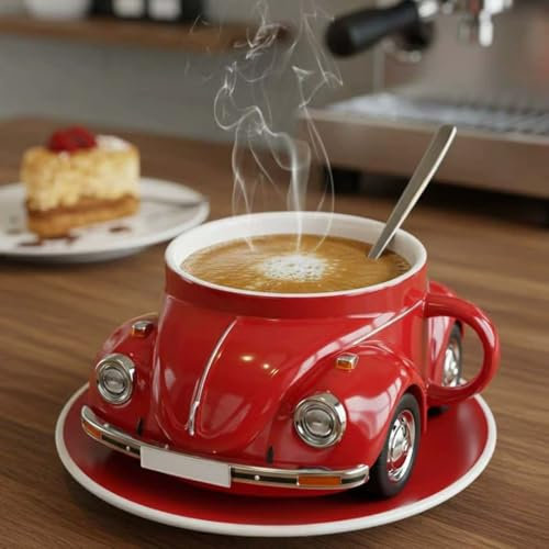 Beetle Shaped Coffee Mug, Handmade Ceramic Beetle Shaped Coffee Mugs, Car geformte Kaffeebecher, handgemachte keramische Car geformte Kaffeebecher, Süße Keramik Beetle Shaped Kaffeetasse (Rot)