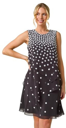 Roman Chiffon Embellished Tiered Shift Dress for Women UK Ladies Summer Autumn Winter Holiday Round Neckline Comfy Sleeveless Soft Knee Length Frock Night Out Gowns - Petite Spot Black - Size 14