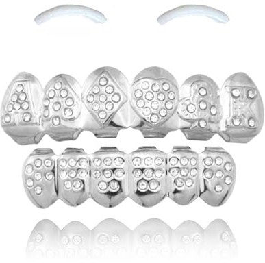 SSyang 18K Hip Hop Teeth Grills for Mouth Braces Decoration with 2 Silicone Moldings Hip Hop Teeth Grills for Mouth Top Bottom Music Festival Party Rapper Decorations