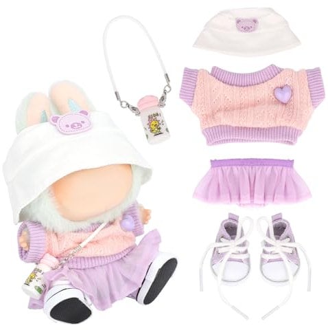 BOXOB Plush Doll Clothes Set, 5pcs Kawaii Outfit Include Sweater, Purple Gauze Skirt, Hat, Small Water Bottle and Canvas Shoes for Dressing up 15cm 17cm Doll Accessories (No Dolls)