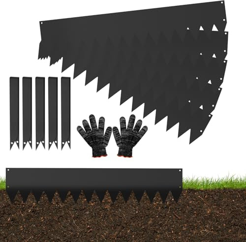 Eikuavons Rasenkanten, 100x20cm Rasenkante Metall scharfen Sägezähnen, Flexible Beeteinfassung Mähkant Palisade mit Clips und Handschuhe, für Gärten Wege, Schwarz (Länge 50m - Höhe 20cm)