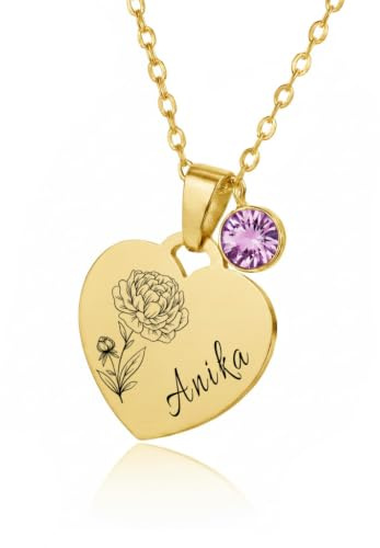 Geburtsblume Halskette personalisiert mit Geburtsstein & Gravur | Optional mit Rückseite | Geschenk Damen, Mädchen, Kind, Oma zum Geburtstag & Weihnachten | 45 cm Edelstahl Herz-Anhänger (Silber)