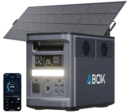 ABOK Ark2000 Tragbare LiFePO4 Powerstation 1536Wh+400W Solarpanel, 2000W AC | Solargenerator-Set mit faltbarem Asp400 Solarpanel, USV & App, für Camping, Wohnmobile, Notfälle, Off-Grid-Strom und Notstrom