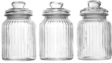 990ml Vintage Airtight Glass Jars with Lids, Set of 3, Storage Containers | Traditional Sweet Jars, Glass Storage Containers for Tea, Coffee, Sugar, Biscuits, Pasta - Kitchen Pantry Storage, Spell Jars